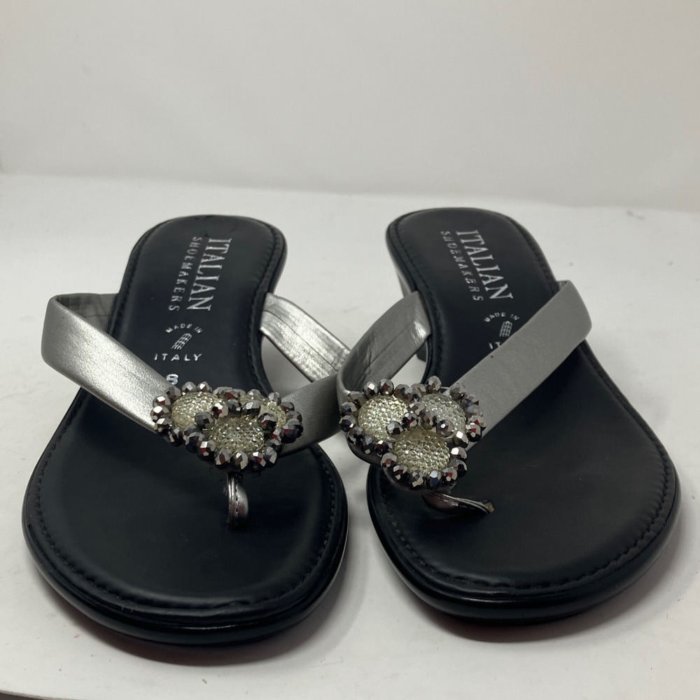 Italian Shoemakers Silver Black Wedge Sandals Size 8 Made in Italy Rhinestone - Picture 13 of 13